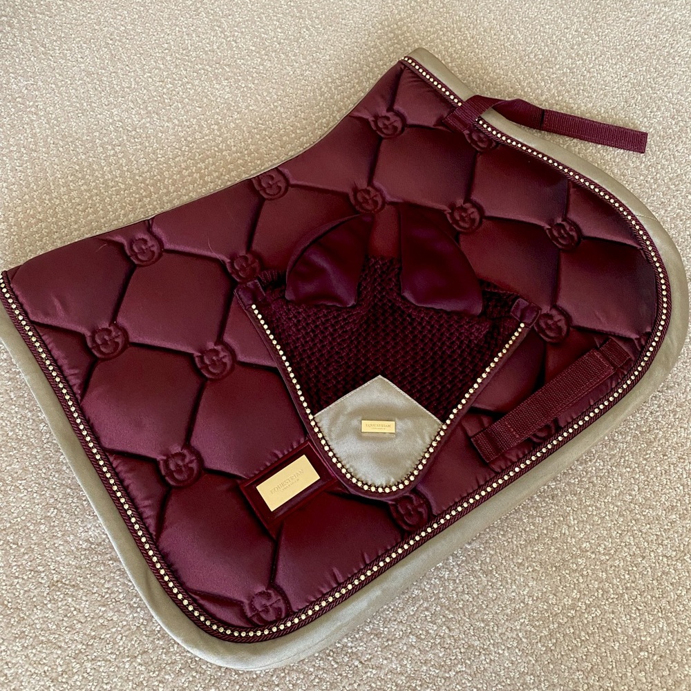 Equestrian Stockholm Pony Jump Saddle Pad & Ear Bonnet in Merlot Gold Crystal